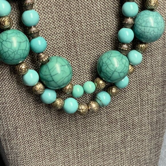 Double Strand Beaded Necklace 17 In Turquoise Crackle Silver Rose BoHo Statement - Picture 4 of 7